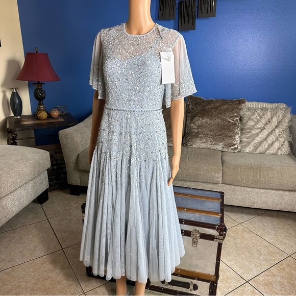 Mac Duggal 93655 Powder Blue Cape Sleeve Beaded Tea Length A-Line Dress 6 NWT - Picture 8 of 16